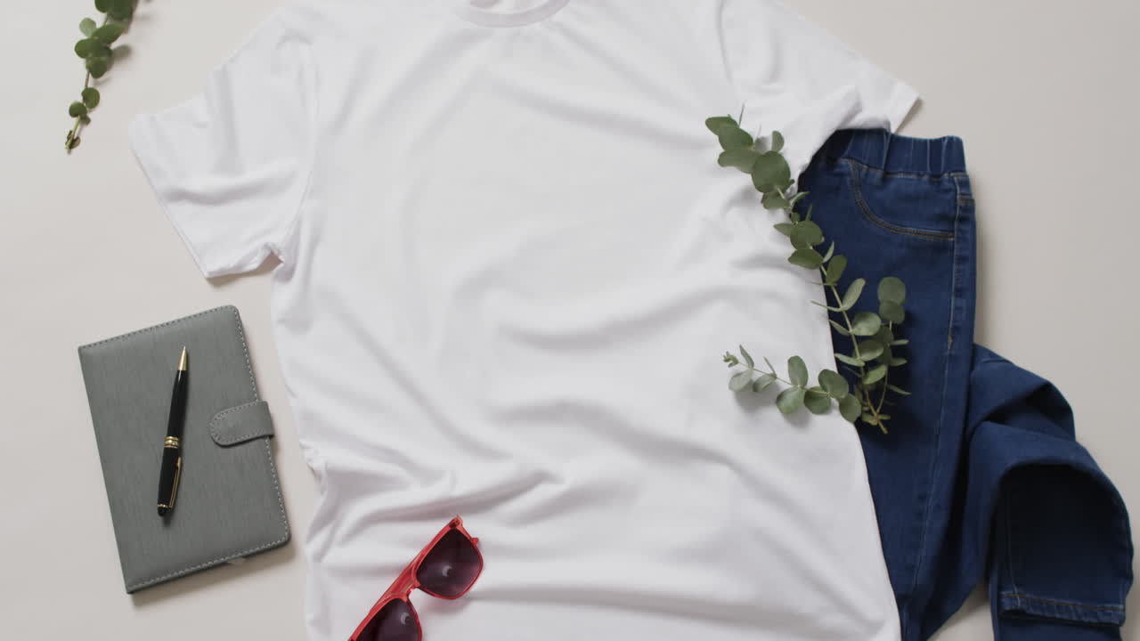 ⁇ 색 티셔츠, 청바지, 노트북, 선글라스,  ⁇ 색 배경의 복사 공간의 비디오