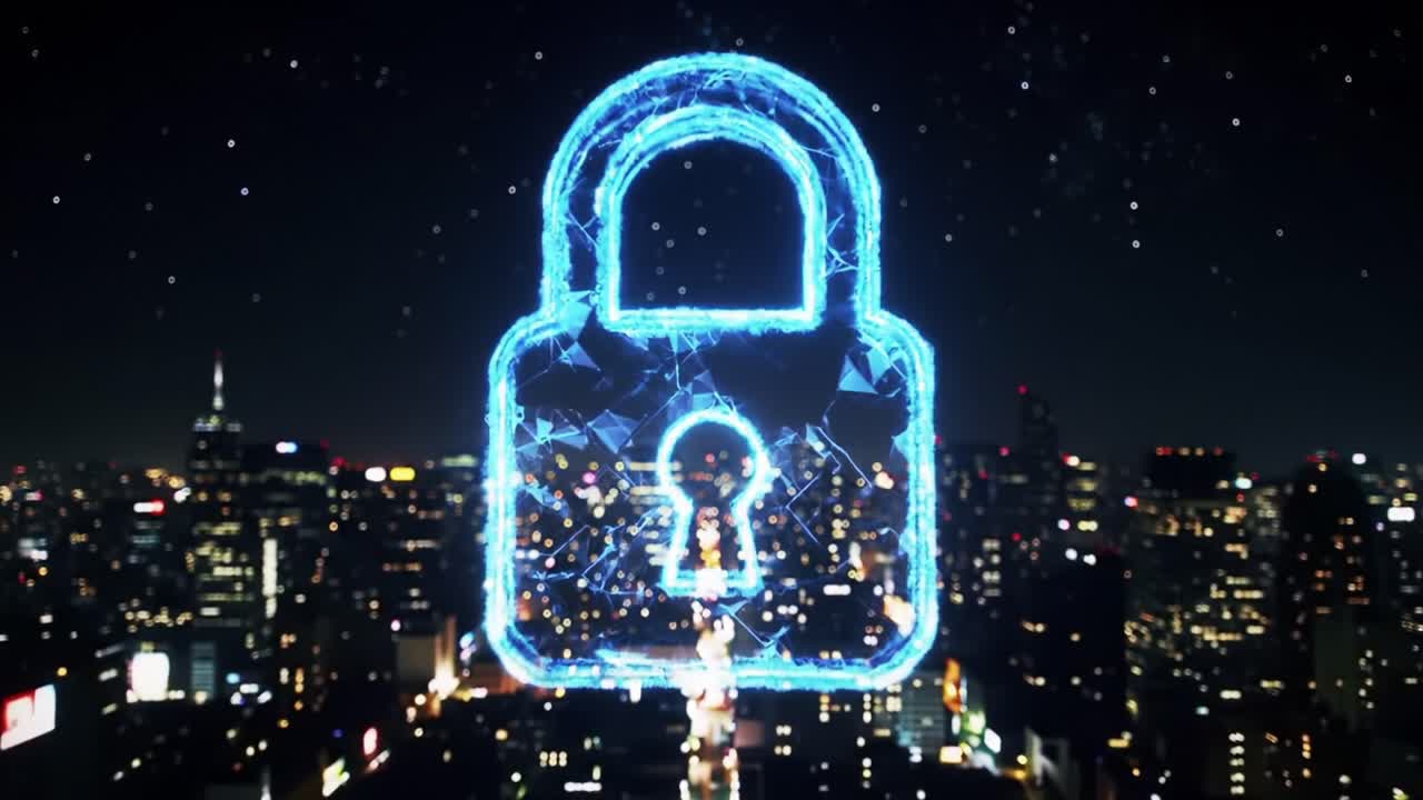 A Stunning Visualization of a Holographic Lock in a Night Cityscape, Representing Security and Protection amidst a Digital Urban Environment