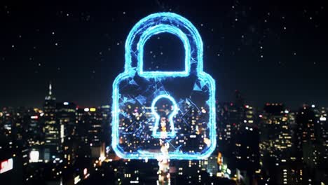 a stunning visualization of a holographic lock in a night cityscape, representing security and protection amidst a digital urban environment
