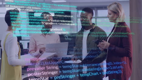coworkers discussing software project in modern office, holding devices with floating code lines
