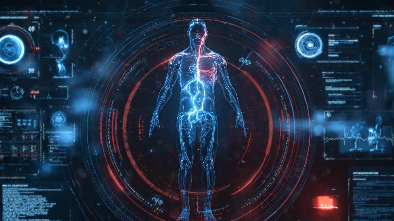 Digital human body scan interface with circular red diagnostic graphics