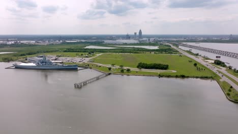 USS-Alabama-battleship-in-Mobile,-Alabama-with-drone-video-stable