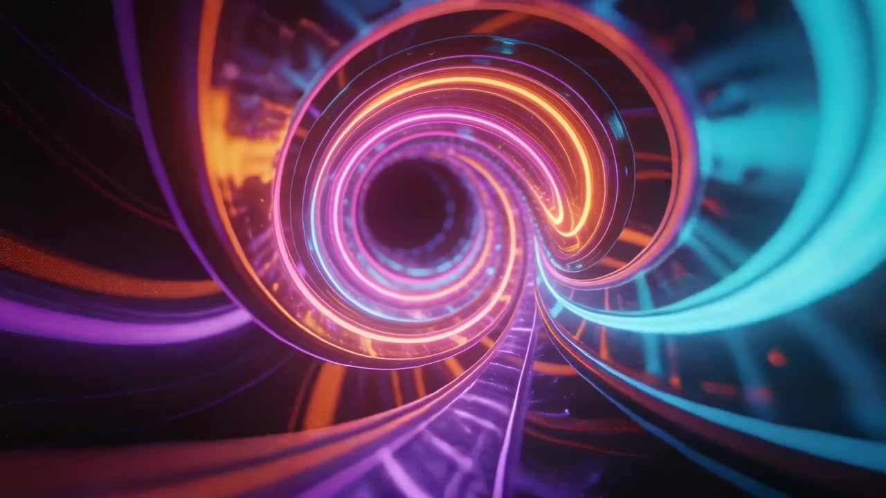 Vortice di neon a spirale che trascina la telecamera attraverso un tunnel lucido, rivelando un nucleo scuro con tubi luminosi.