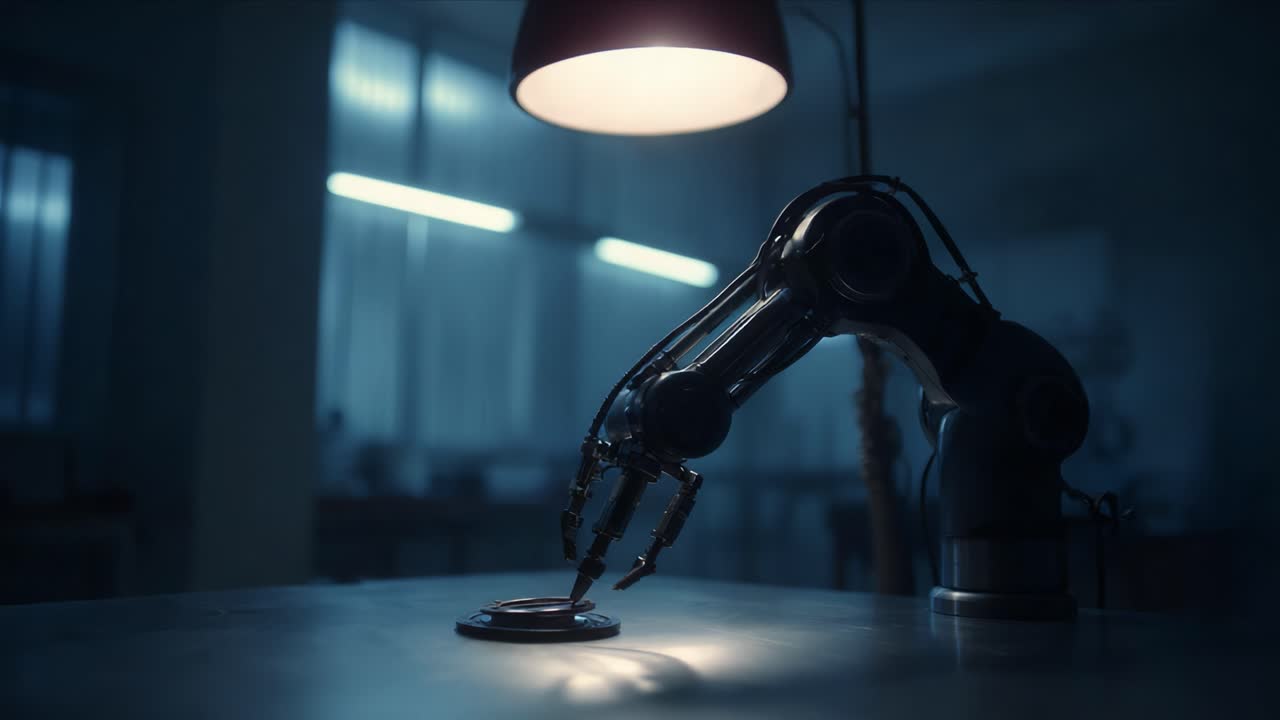 A Close-Up View of an Intricate Robotic Hand Suspended Under Soft Ambient Lighting, Symbolizing Advanced Automation and Mechanical Precision in Modern Robotics Technology