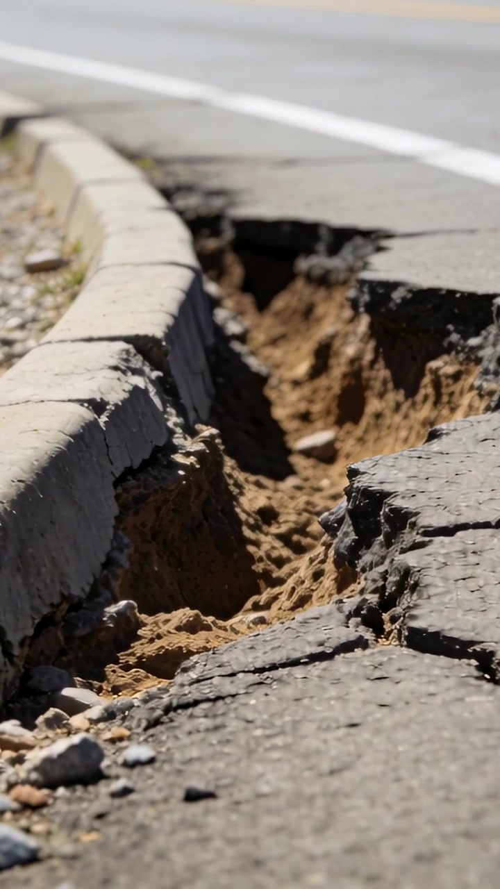 Video verticale: Telecamera in movimento che mostra un cordolo eroso e una cunetta di asfalto crepato per evidenziare i danni stradali.