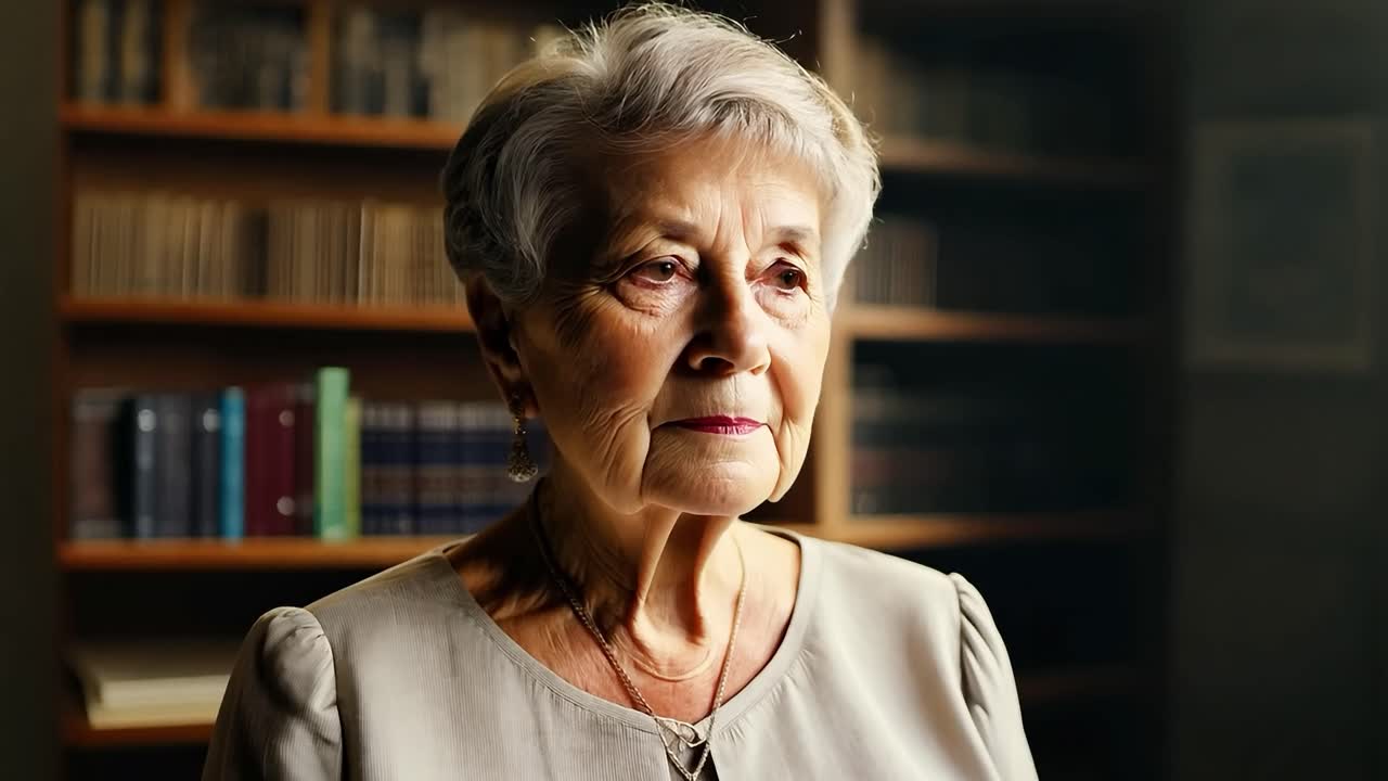 Ritratto di una donna anziana in una biblioteca