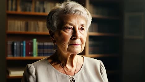 portrait of a senior woman in a library