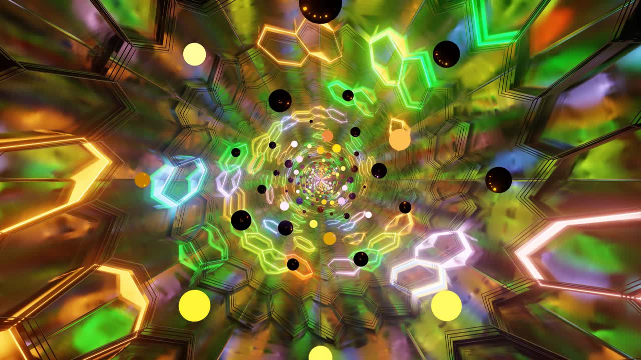 A captivating display features swirling patterns of colorful shapes and lights, creating a mesmerising effect that flows seamlessly. The dynamic movement draws viewers into a vibrant world