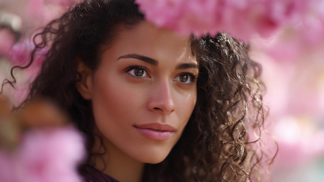 Um Retrato Cativante de uma Jovem Mulher Rodeada por Belas Flores de Cerejeira, Exibindo Suas Características Graciosas e Olhos Expressivos