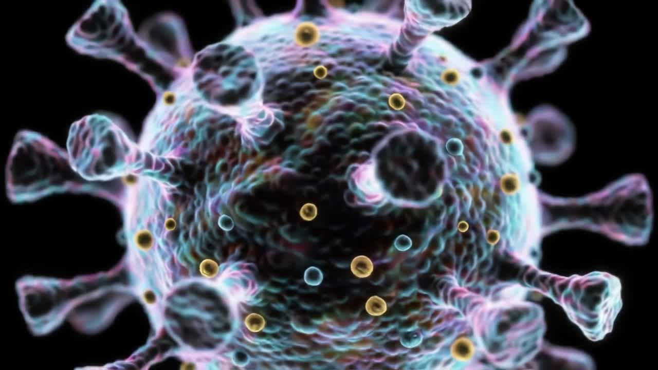 Detailed Visualization of a Virus Particle, Showcasing Intricate Structures and Surface Features in High Resolution with Colorful Variations Highlighting Different Components