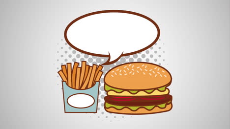 burbuja de habla y comida rápida animación de estilo pop art