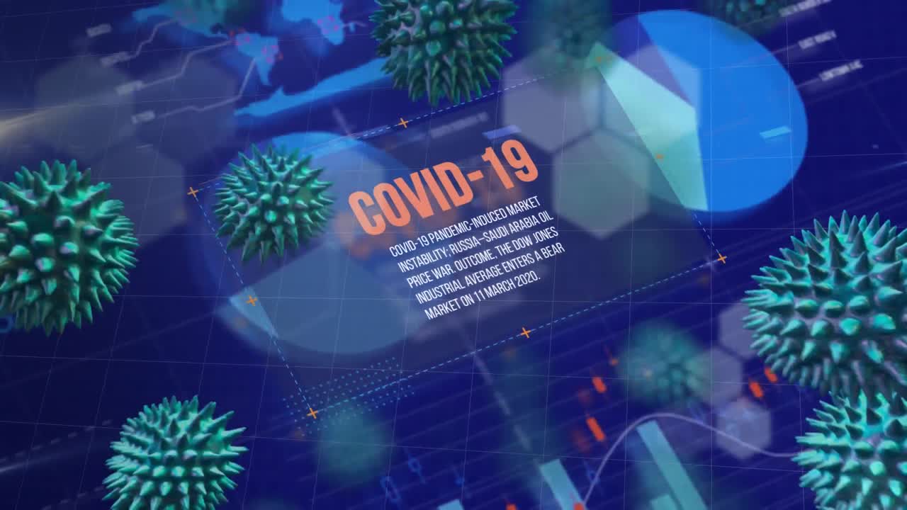 코로나19 매크로 셀의 애니메이션으로 코로나19에 대한 정보가 파란 화면 위에 빨간색으로 쓰여져 있습니다.