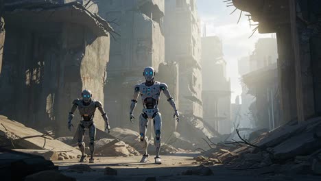 exploring a dystopian world: two robots navigate through the ruins of a crumbling city in a post-apocalyptic landscape filled with desolation and mystery