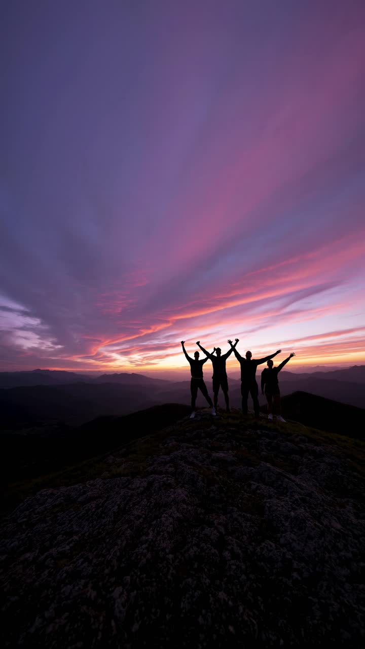 Silhouetted group celebrates atop a mountain at sunset, captured from a low-angle