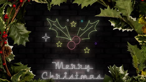 animation of merry christmas text over leaves and stars