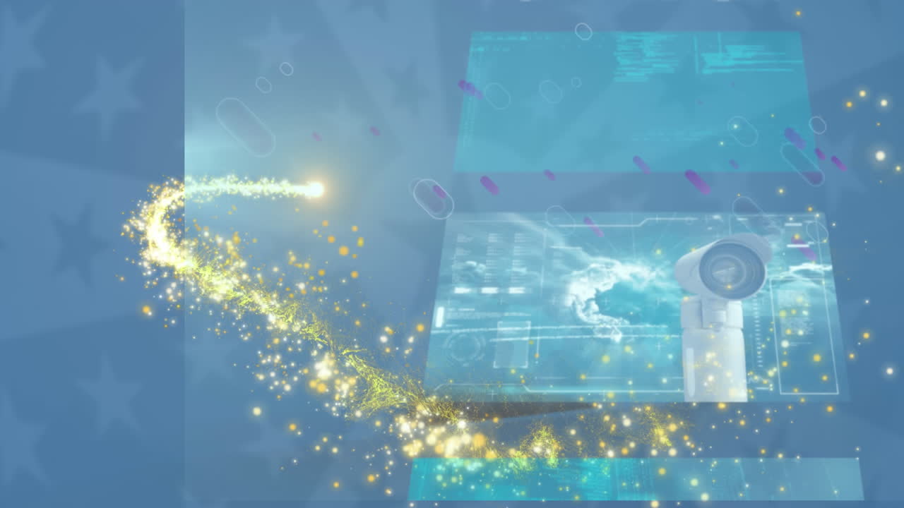 파란색 배경의 화면에서 떨어지는 별의 애니메이션과 데이터 처리