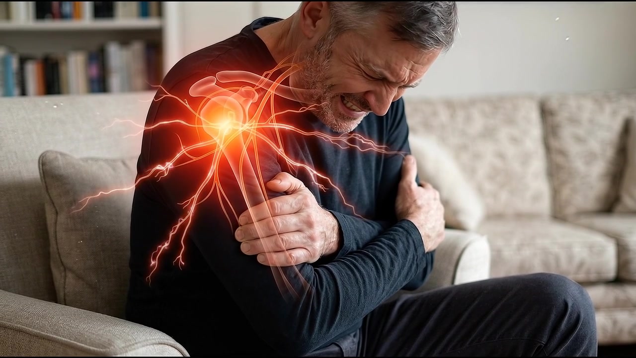Hombre que sufre de dolor intenso de hombro con ilustración de nervio animada