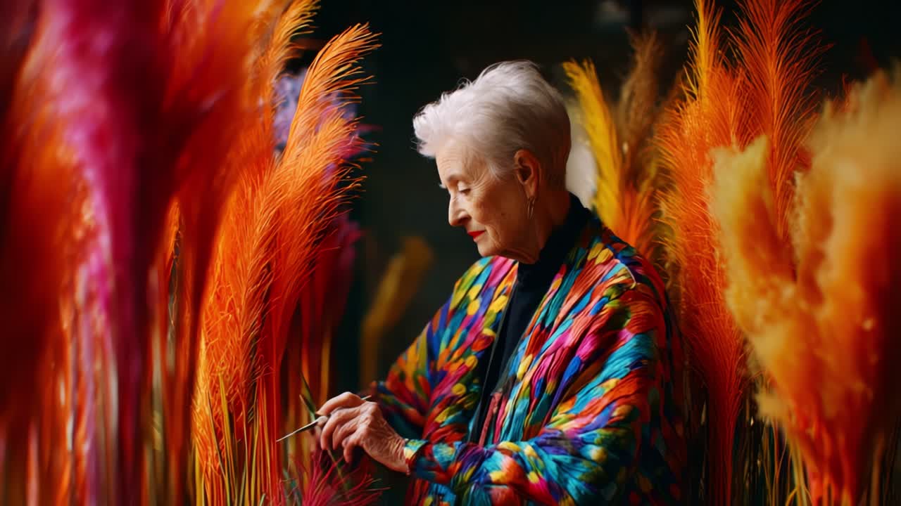 An Artistic Journey of Color and Creativity: A Senior Woman Dressed in a Vibrant Robe Paints Amongst Lush, Colorful Pampas Grass in a Creative Studio Setting