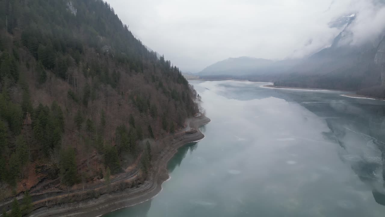 Aerial View of Klöntalersee lake in Glarus, Switzerland