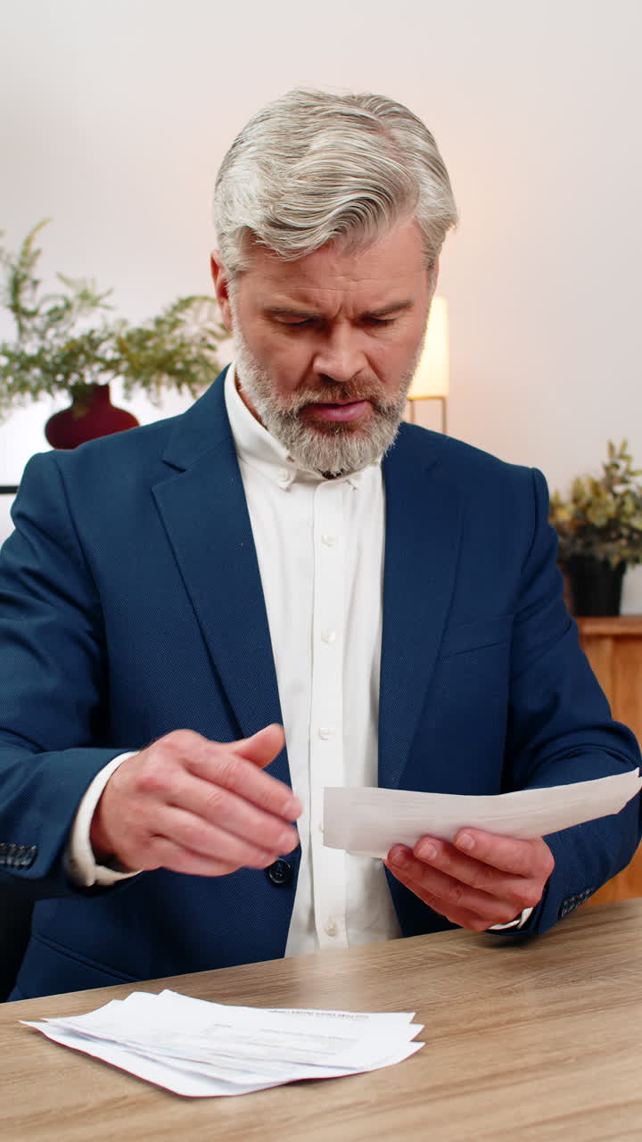 Middleaged businessman stressed by unpaid bills tosses them aside frustrated over budgetary worries