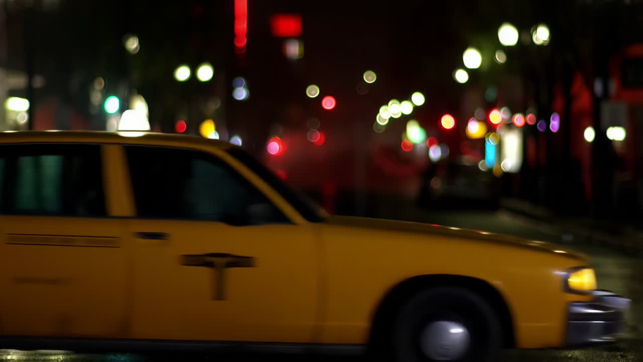 Blurred Night City Streets with Bokeh Lights and a Moving Taxi