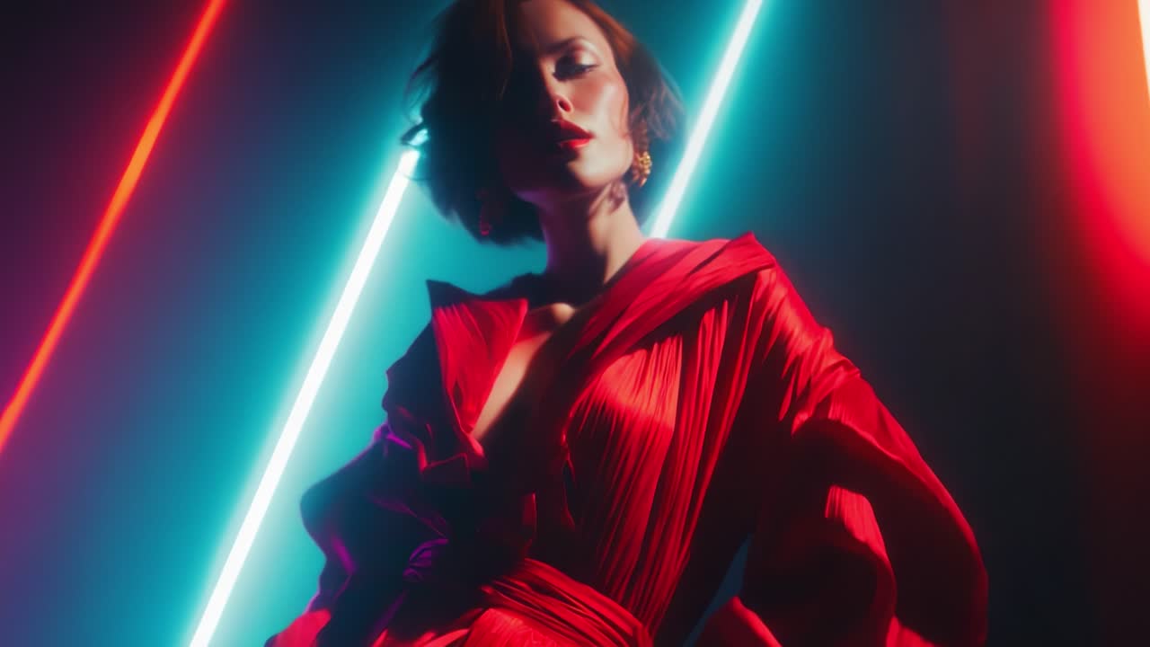 A Stunning Fashion Display in Radiant Red: This Captivating Video Frame Showcases a Confident Model Posing Elegantly Against an Eye-Catching Neon Light Background, Exuding Style and Glamour