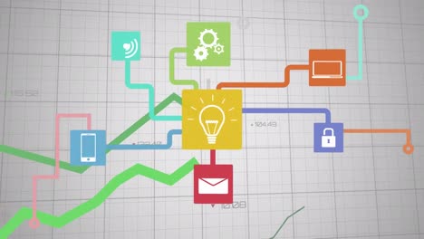 Animation of network of digital icons and statistical data processing against grey background