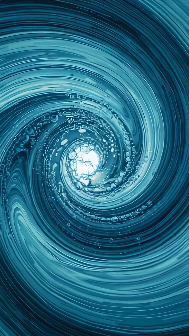 Vertical video: Advancing frames teal vortex in macro pulling droplets to core with bands