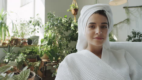 portrait of young woman in bathrobe