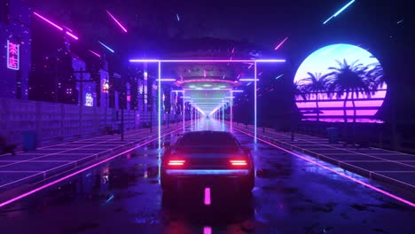 ciudad futurista retro de neón con coches y ovnis