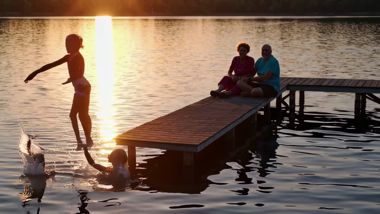 Family and Friends Enjoying Sunset Jumps into the Lake