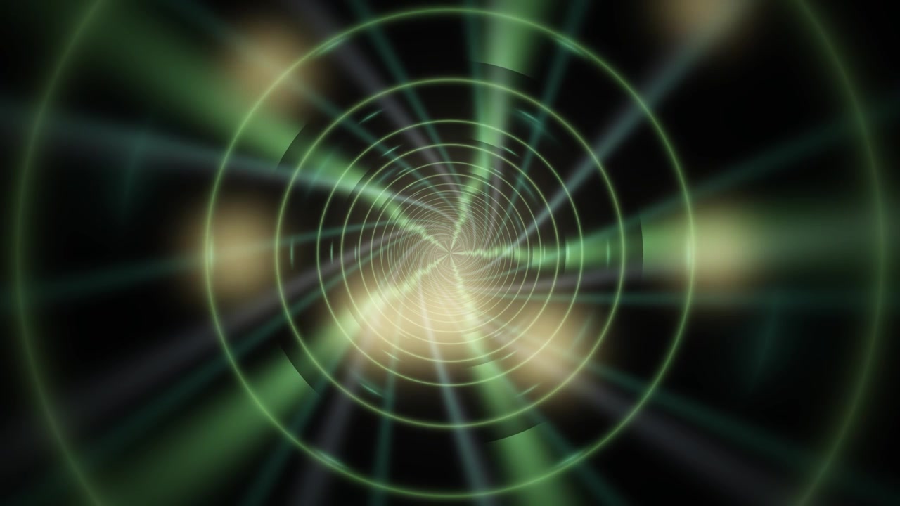 Abstract green concentric rings and radial light beams converge toward a bright center on a dark background, creating a futuristic hypnotic atmosphere