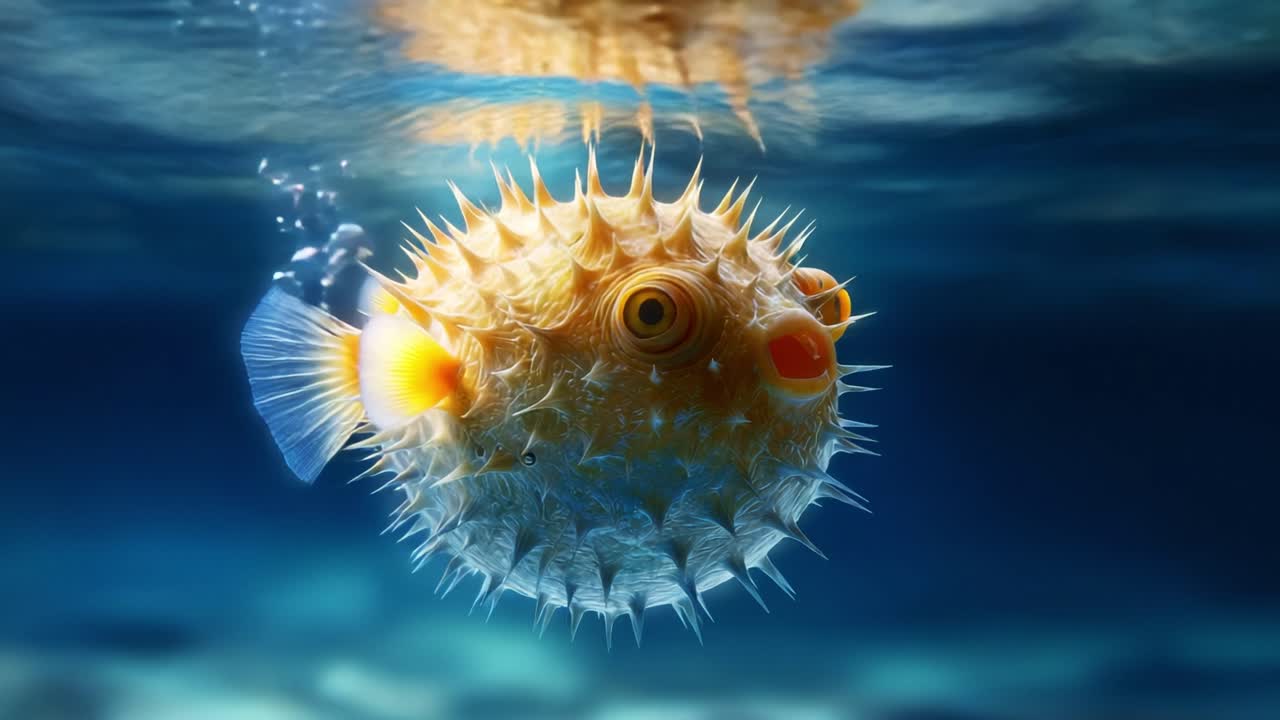 A Close-Up Encounter with a Colorful, Quirky Pufferfish Underwater: Exploring the Unique Features and Habitat of This Fascinating Marine Creature in Its Natural Environment