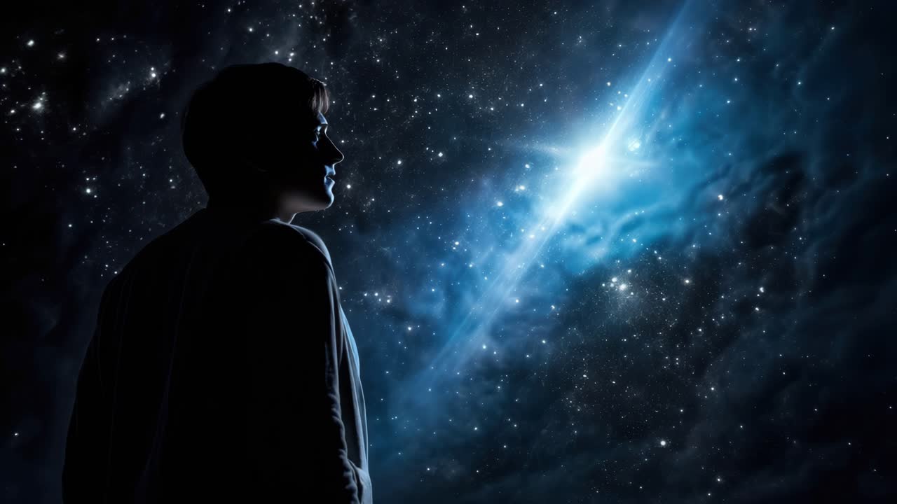 Silhouette of a person gazing at a starry sky, captured from a low angle