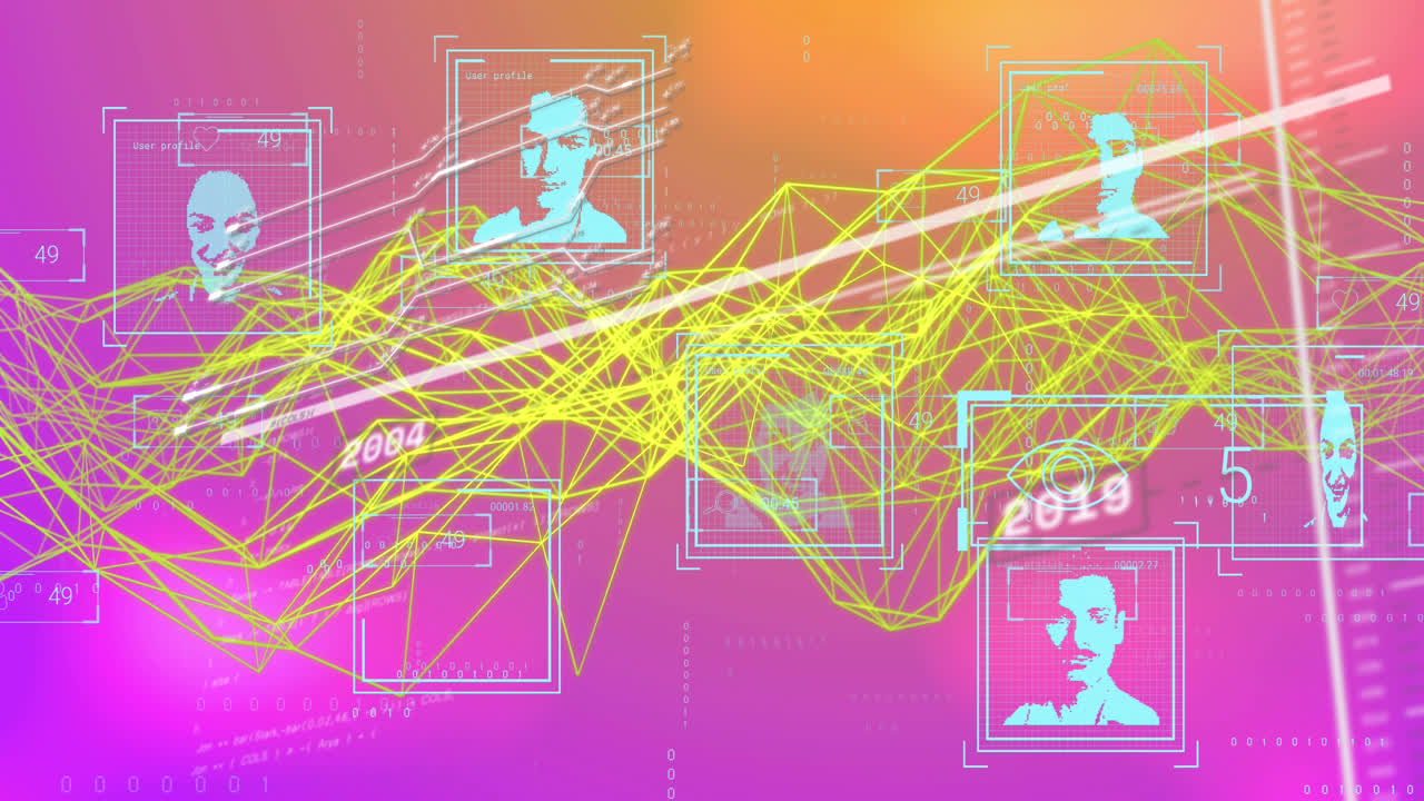 Unique design video with pictures of people connecting globally and complex wave pattern
