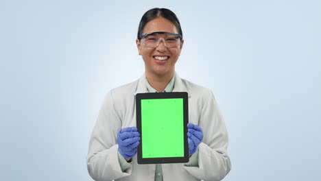 Asian-woman,-tablet-and-scientist-with-green