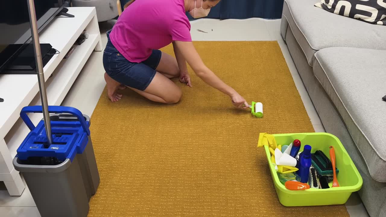 Woman Cleaning Carpet with Roller and Supplies