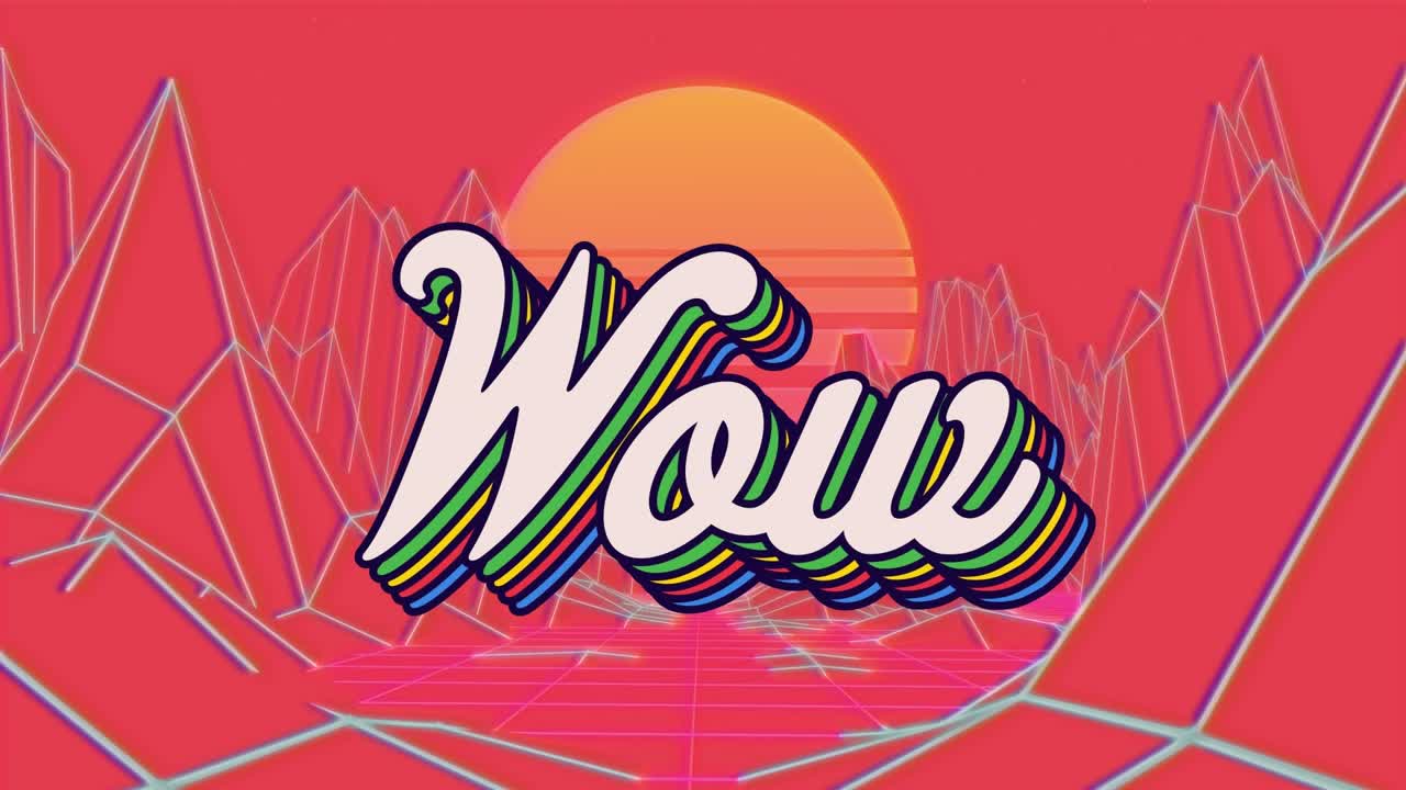 Animazione del testo 'wow' sopra le montagne.