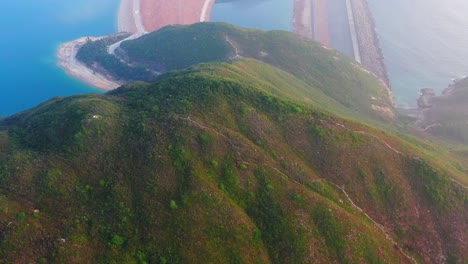 Spectacular-hiking-trails-on-hill-in-Sain-Kung,-Hong-Kong,-aerial