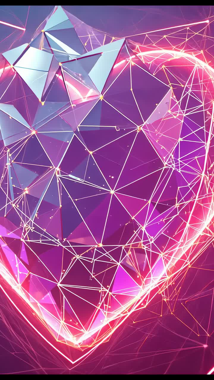 Vertical video: Heart forming and rotating in space after neon lines tracing with nodes, particles