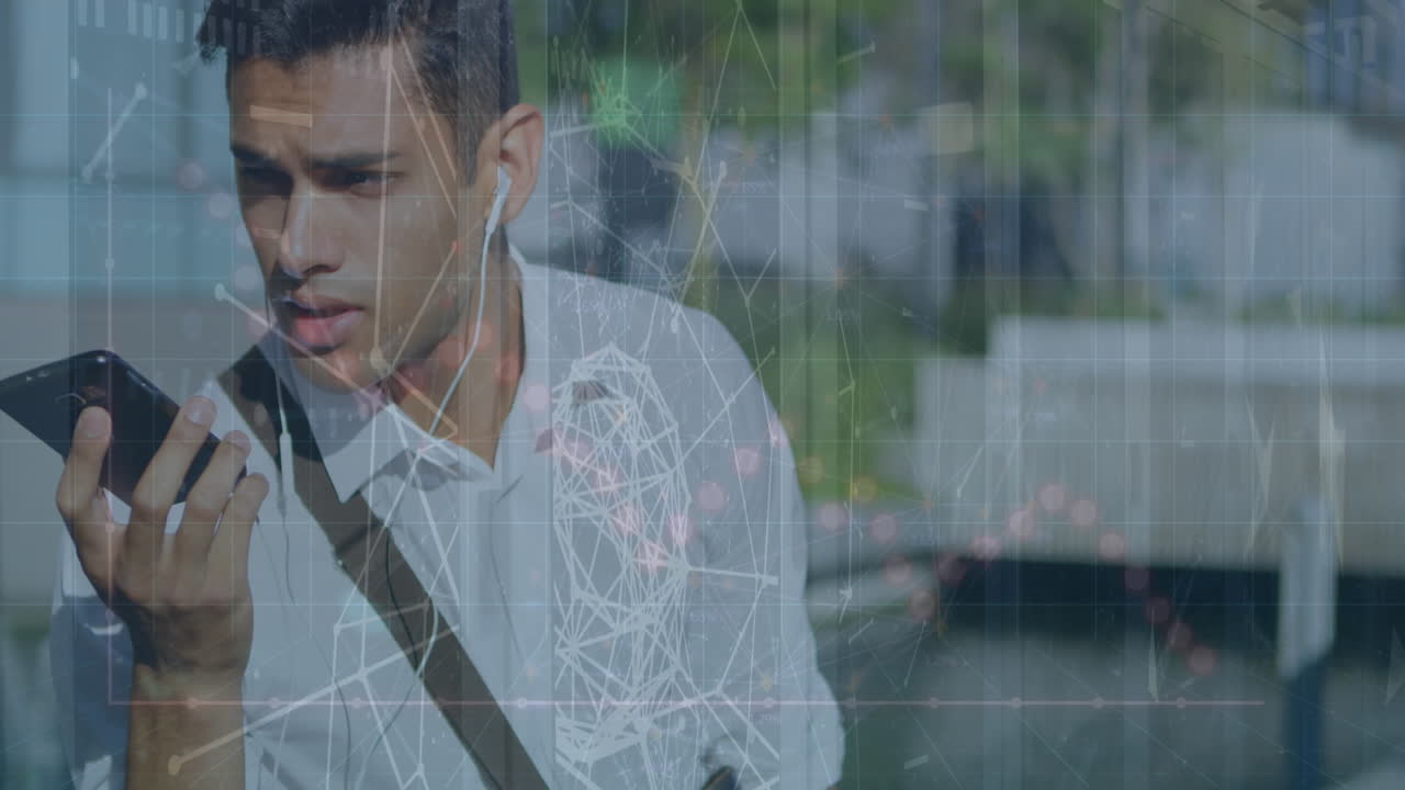 스마트 폰을 사용하는 사업가에 대한 금융 데이터 처리 애니메이션