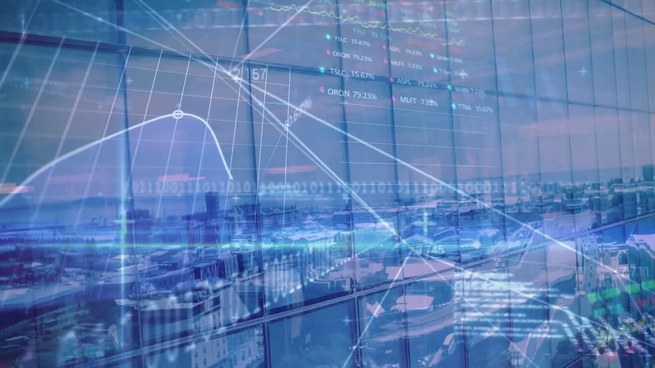 Animation of data processing over cityscape