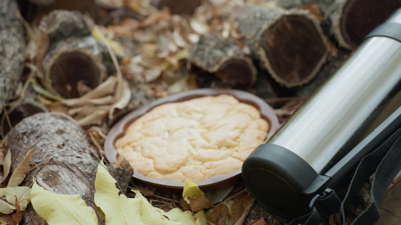 Skogspiknikscene med terte og termos på et lag av løv, termos i rustfritt stål ved siden av nystekt terte i treskall, mosegrodde tømmerstokker og eikenøtteskall spredt rundt, gyllen skorpe og smuler, høstlys