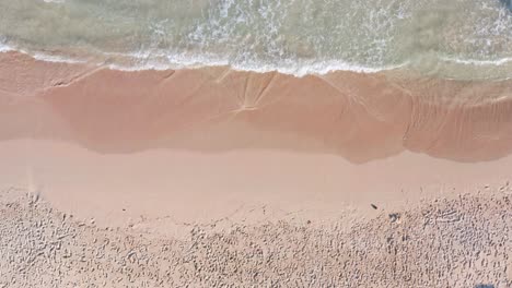 aerial top-down rising over caribe beach and waves breaking on golden seashore