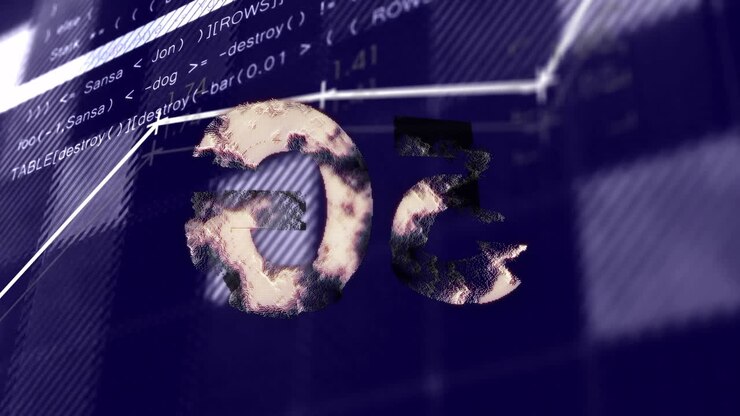 Programming code and data visualization animation over abstract background with glitch effect