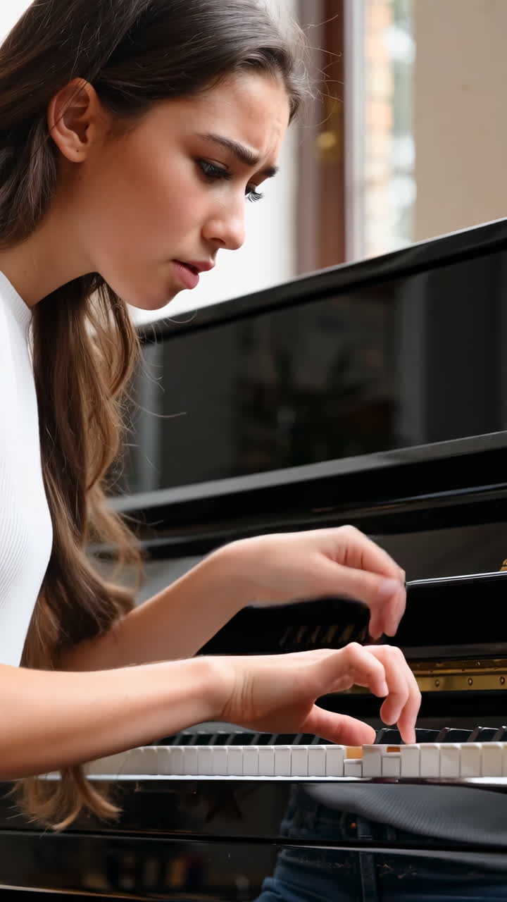 Young Woman Concentrating While Playing a Black Piano