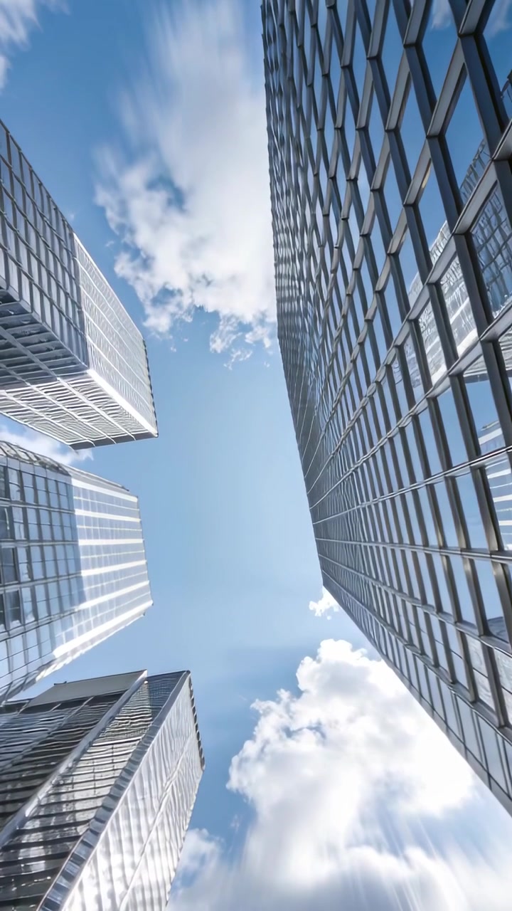 Vídeo vertical: Câmera panorâmica entre torres, luz do sol deslizando, revelando reflexos e céu azul