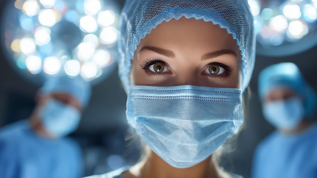 A focused medical professional in operating room attire prepares for surgery, showcasing determination and expertise in a high-stakes healthcare environment under bright surgical lights