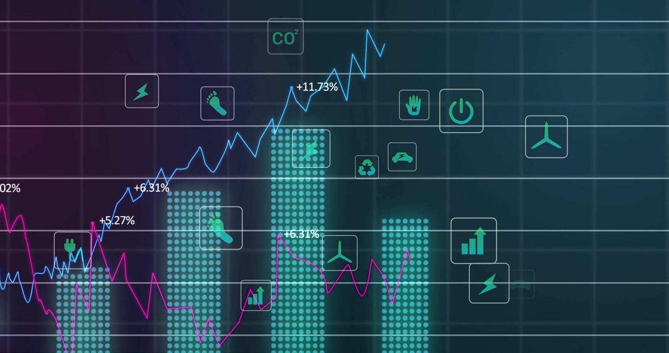 Grid overlay appearing sparking icon alignment and colored curves animating environmental metrics
