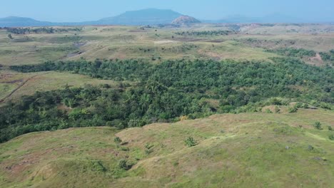 Aerial:-Sustainable-Forest-Plantation-in-a-valley-with-artificial-lakes-to-water-the-plants-in-India